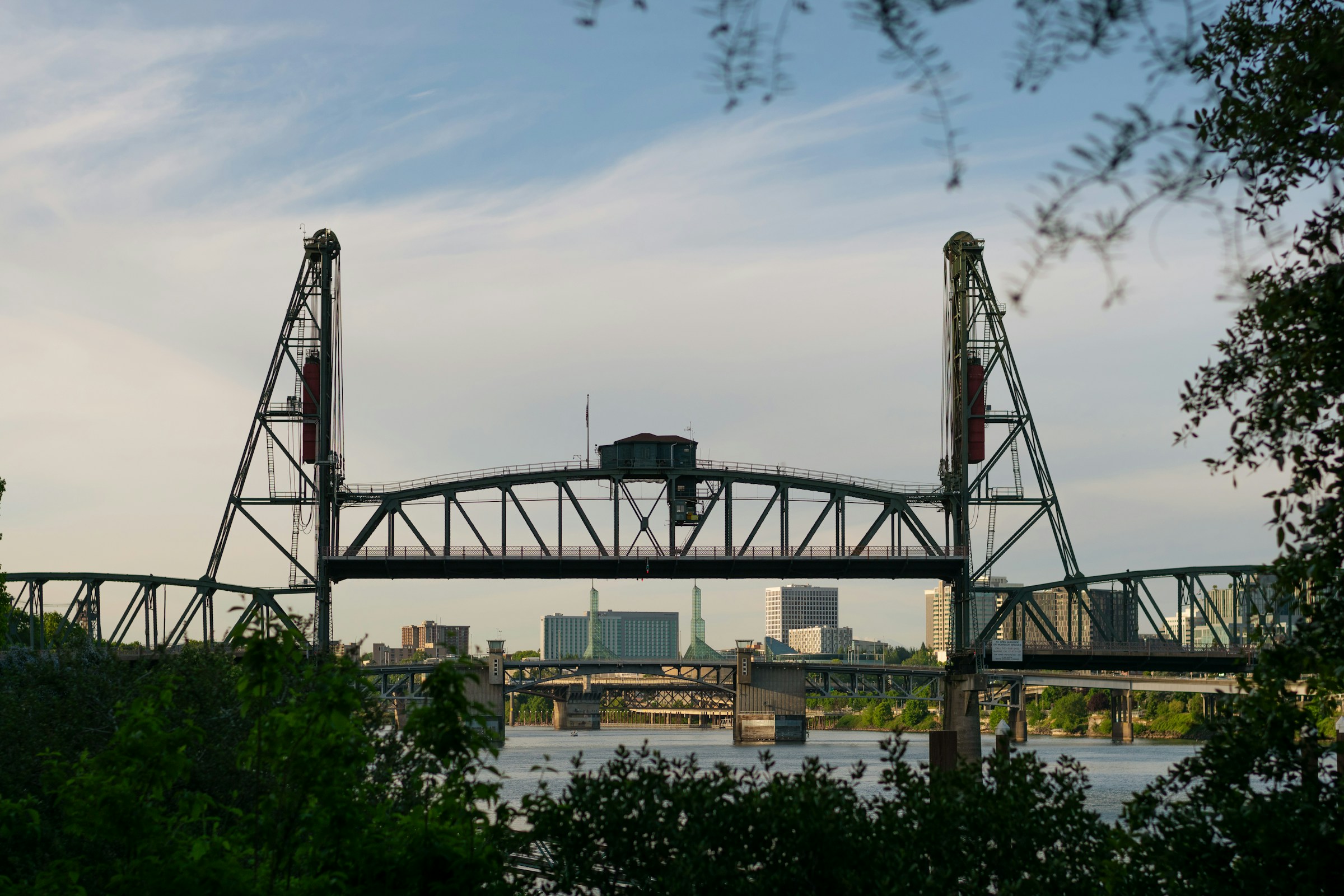 Portland's riverfront framed by a downtown bridge